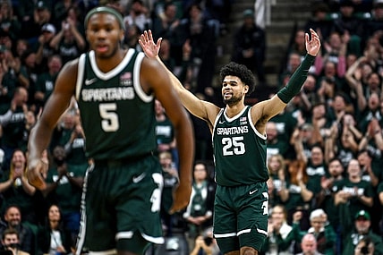 Michigan State's Malik Hall celebrates after a 3-pointer against Penn State during the first half on Thursday, Jan. 4, 2024, in East Lansing.