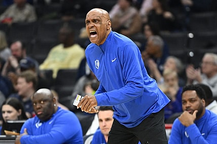 Jan 6, 2024; Washington, District of Columbia, USA; DePaul Blue Demons head coach Tony Stubblefield reacts against the Georgetown Hoyas during the first half at Capital One Arena. Mandatory Credit: Brad Mills-USA TODAY Sports