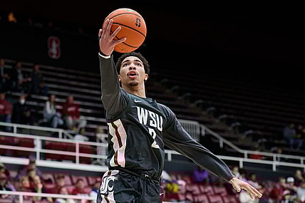 Jan 18, 2024; Stanford, California, USA; Washington State Cougars guard Myles Rice (2) shoots the ball against the Stanford Cardinal  during the first half at Maples Pavilion. Mandatory Credit: Robert Edwards-USA TODAY Sports