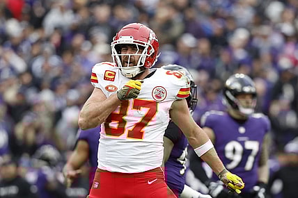 Jan 28, 2024; Baltimore, Maryland, USA; Kansas City Chiefs tight end Travis Kelce (87) celebrates after scoring a touchdown against the Baltimore Ravens during the first half in the AFC Championship football game at M&T Bank Stadium. Mandatory Credit: Geoff Burke-USA TODAY Sports
