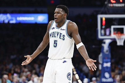 Jan 29, 2024; Oklahoma City, Oklahoma, USA; Minnesota Timberwolves guard Anthony Edwards (5) reacts after a play against the Oklahoma City Thunder during the second half at Paycom Center. Mandatory Credit: Alonzo Adams-USA TODAY Sports