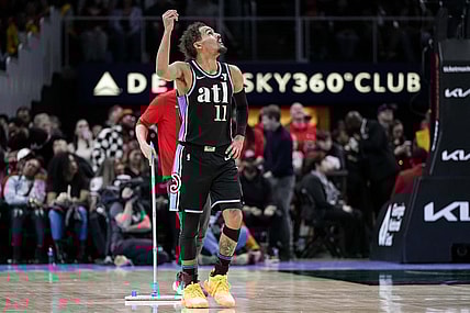 Feb 12, 2024; Atlanta, Georgia, USA; Atlanta Hawks guard Trae Young (11) gestures after being called for a technical foul against the Chicago Bulls during the second half at State Farm Arena. Mandatory Credit: Dale Zanine-USA TODAY Sports