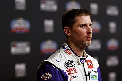 Feb 14, 2024; Daytona Beach, Florida, USA; NASCAR Cup Series driver Denny Hamlin (11) during Daytona 500 Media Day at Daytona International Speedway. Mandatory Credit: Peter Casey-USA TODAY Sports