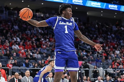 Feb 18, 2024; Elmont, New York, USA;  Seton Hall Pirates guard Kadary Richmond (1) grabs a rebound in the second half against the St. John's Red Storm at UBS Arena. Mandatory Credit: Wendell Cruz-USA TODAY Sports