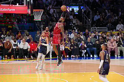 Feb 18, 2024; Indianapolis, Indiana, USA; Western Conference forward LeBron James (23) of the Los Angeles Lakers dunks the ball during the first half of the 73rd NBA All Star game at Gainbridge Fieldhouse. Mandatory Credit: Kyle Terada-USA TODAY Sports