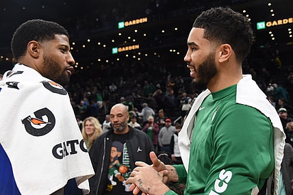 Boston Celtics' Jayso Tatum, Paul George of los Angeles Clippers