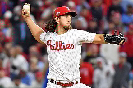 Oct 23, 2023; Philadelphia, Pennsylvania, USA; Philadelphia Phillies starting pitcher Michael Lorenzen (22) pitches during the fifth inning against the Arizona Diamondbacks in game six of the NLCS for the 2023 MLB playoffs at Citizens Bank Park. Mandatory Credit: Eric Hartline-USA TODAY Sports