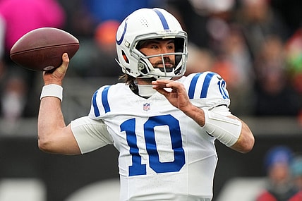Indianapolis Colts quarterback Gardner Minshew (10) throws in the first quarter during a Week 14 NFL game between the Indianapolis Colts and the Cincinnati Bengals, Sunday, Dec. 10, 2023, at Paycor Stadium in Cincinnati.