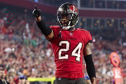 Jan 15, 2024; Tampa, Florida, USA; Tampa Bay Buccaneers cornerback Carlton Davis III (24) gestures after a play against the Philadelphia Eagles during the second half of a 2024 NFC wild card game at Raymond James Stadium. Mandatory Credit: Kim Klement Neitzel-USA TODAY Sports