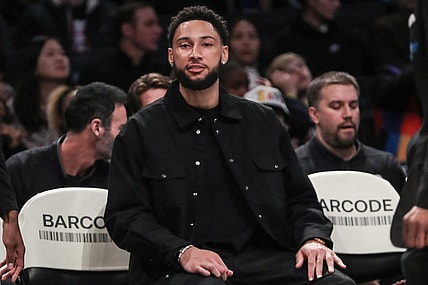 Feb 29, 2024; Brooklyn, New York, USA;  Brooklyn Nets guard Ben Simmons (not in uniform) sits on the bench in the first quarter against the Atlanta Hawks at Barclays Center. Mandatory Credit: Wendell Cruz-USA TODAY Sports