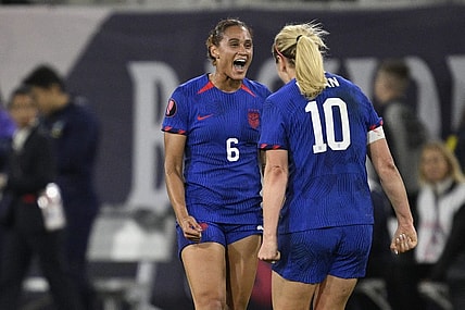 Mar 10, 2024; San Diego, California, USA; United States midfielder Lindsey Horan (10) celebrates the win with forward Lynn Williams (6) against Brazil during the final of the 2024 W Gold Cup at Snapdragon Stadium. Mandatory Credit: Orlando Ramirez-USA TODAY Sports