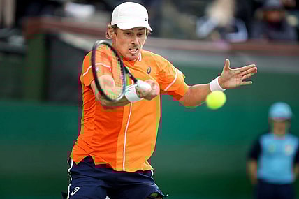 Alex de Minaur returns to Alexander Zverev during their fourth-round match at the BNP Paribas Open in Indian Wells, Calif., on Tues., March 12, 2024. Zverev won.