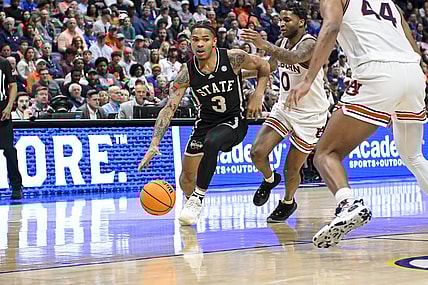 Mar 16, 2024; Nashville, TN, USA;  Mississippi State Bulldogs guard Shakeel Moore (3) controls the ball against the Auburn Tigers during the first half at Bridgestone Arena. Mandatory Credit: Steve Roberts-USA TODAY Sports