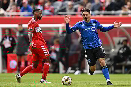 Mar 16, 2024; Chicago, Illinois, USA; CF Montreal forward Matias Coccaro (9) reacts during a play against Chicago Fire FC during the first half at Soldier Field. Mandatory Credit: Jamie Sabau-USA TODAY Sports