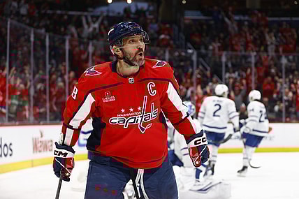Mar 20, 2024; Washington, District of Columbia, USA; Washington Capitals left wing Alex Ovechkin (8) celebrates after scoring a goal against the Toronto Maple Leafs during the third period at Capital One Arena. Mandatory Credit: Amber Searls-USA TODAY Sports