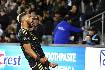 Mar 23, 2024; Los Angeles, California, USA; LAFC forward Denis Bouanga (99) celebrates his goal against Nashville SC during the first half at BMO Stadium. Mandatory Credit: Kiyoshi Mio-USA TODAY Sports