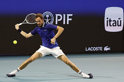 Mar 24, 2024; Miami Gardens, FL, USA; Daniil Medvedev hits a forehand against Cameron Norrie (GBR) (not pictured) on day seven of the Miami Open at Hard Rock Stadium. Mandatory Credit: Geoff Burke-USA TODAY Sports