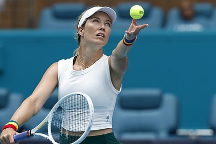 Mar 27, 2024; Miami Gardens, FL, USA; Danielle Collins (USA) serves against Caroline Garcia (FRA) (not pictured) on day ten of the Miami Open at Hard Rock Stadium. Mandatory Credit: Geoff Burke-USA TODAY Sports