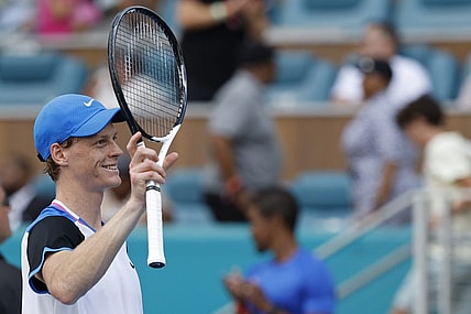 Mar 29, 2024; Miami Gardens, FL, USA; Jannik Sinner (ITA) waves to the fans after his match against Daniil Medvedev (not pictured) in a men's singles semifinal of the Miami Open at Hard Rock Stadium. Mandatory Credit: Geoff Burke-USA TODAY Sports