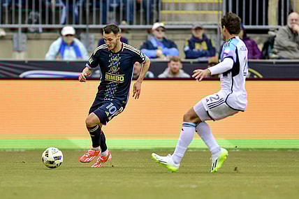 Mar 30, 2024; Philadelphia, Pennsylvania, USA; Philadelphia Union midfielder Daniel Gazdag (10) dribbles the ball during the first half at Subaru Park. Mandatory Credit: Caean Couto-USA TODAY Sports