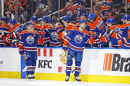 Mar 30, 2024; Edmonton, Alberta, CAN; The Edmonton Oilers celebrate a goal scored by forward Connor McDavid (97) during the second period against the Anaheim Ducks at Rogers Place. Mandatory Credit: Perry Nelson-USA TODAY Sports