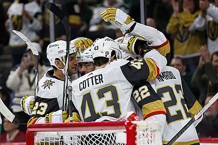Mar 30, 2024; Saint Paul, Minnesota, USA; Vegas Golden Knights right wing Michael Amadio (22) celebrates his goal with teammates against the Minnesota Wild during the third period at Xcel Energy Center. Mandatory Credit: Matt Krohn-USA TODAY Sports