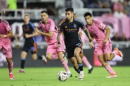 Mar 30, 2024; Fort Lauderdale, Florida, USA; New York City FC forward Santiago Rodriguez (10) dribbles against Inter Miami CF during the first half at Chase Stadium. Mandatory Credit: Nathan Ray Seebeck-USA TODAY Sports
