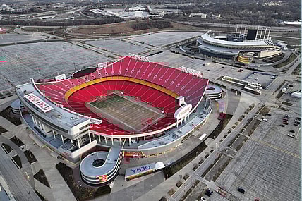 Feb 14, 2024; Kansas City, MO, USA; A general overall aerial view of Arrowhead Stadium (foreground) and Kauffman Stadium at the Truman Sports Complex. Mandatory Credit: Kirby Lee-USA TODAY Sports
