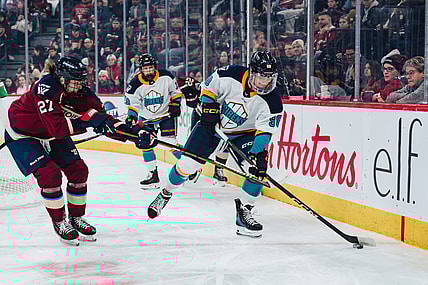 New York Sirens No. 1 overall pick Kristyna Kaltounkova carries the puck against the Montreal Victoire.