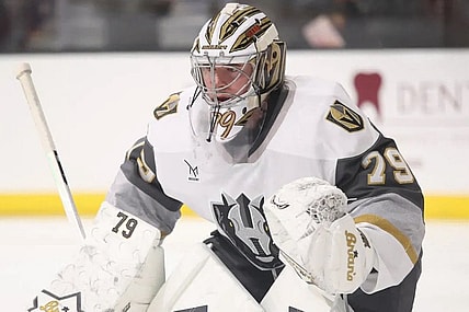 Vegas Golden Knights goaltender Carter Hart makes a rehab start with the Henderson Silver Knights (Photo/Screenshot- PuckEmpire via Twitter)