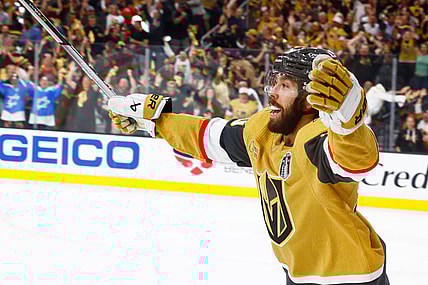 LAS VEGAS, NV - JUNE 13: Chandler Stephenson #20 of the Vegas Golden Knights celebrates a goal during Game Five of the NHL Stanley Cup Final between the Florida Panthers and the Vegas Golden Knights on June 13, 2023 at T-Mobile Arena in Las Vegas, Nevada. (Photo by Jeff Speer/Icon Sportswire)