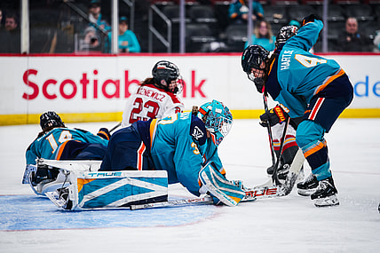 New York Sirens goalie Callie Shanahan covers up the puck against the Ottawa Charge.