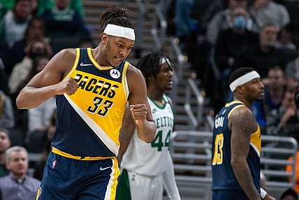 Jan 12, 2022; Indianapolis, Indiana, USA; Indiana Pacers center Myles Turner (33) reacts to basket in the second half against the Boston Celtics at Gainbridge Fieldhouse. Mandatory Credit: Trevor Ruszkowski-USA TODAY Sports