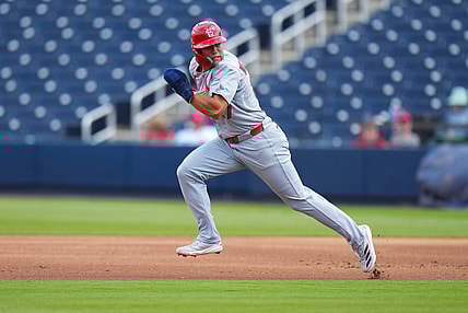 St. Louis Cardinals infielder JJ Wetherholt runs the bases during a Spring Training game against the Houston Astros. Rich Storry-Imagn Images