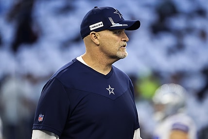 Sep 27, 2021; Arlington, Texas, USA;  Dallas Cowboys defensive coordinator Dan Quinn before the game against the Philadelphia Eagles at AT&T Stadium. Mandatory Credit: Kevin Jairaj-USA TODAY Sports