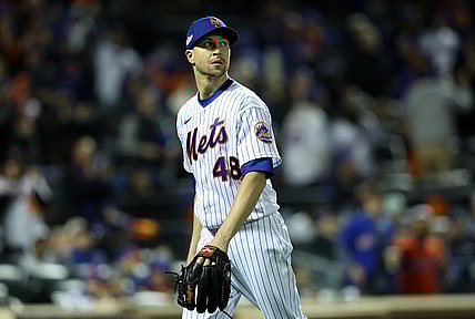 Oct 8, 2022; New York City, New York, USA; New York Mets starting pitcher Jacob deGrom (48) in the sixth inning during game two of the Wild Card series against the San Diego Padres for the 2022 MLB Playoffs at Citi Field. Mandatory Credit: Brad Penner-USA TODAY Sports