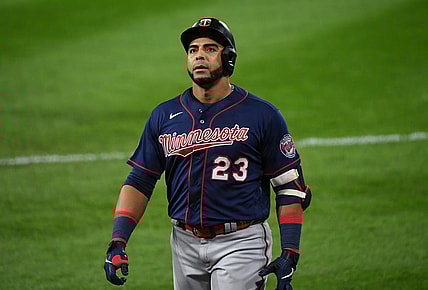 Sep 16, 2020; Chicago, Illinois, USA; Minnesota Twins designated hitter Nelson Cruz (23) reacts after an out against the Chicago White Sox during the third inning at Guaranteed Rate Field. Mandatory Credit: Mike Dinovo-USA TODAY Sports