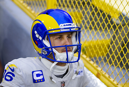 Jan 16, 2021; Green Bay, Wisconsin, USA; Los Angeles Rams quarterback Jared Goff (16) against Green Bay Packers during the NFC Divisional Round at Lambeau Field. Mandatory Credit: Mark J. Rebilas-USA TODAY Sports