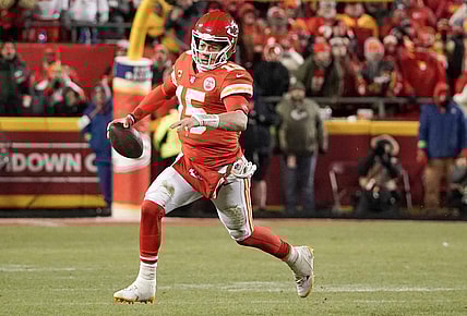 Jan 29, 2023; Kansas City, Missouri, USA; Kansas City Chiefs quarterback Patrick Mahomes (15) against the Cincinnati Bengals during the AFC Championship game at GEHA Field at Arrowhead Stadium. Mandatory Credit: Denny Medley-USA TODAY Sports