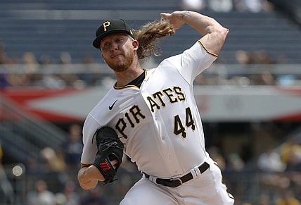 Aug 10, 2023; Pittsburgh, Pennsylvania, USA; Pittsburgh Pirates starting pitcher Bailey Falter (44) delivers a pitch against the Atlanta Braves during the first inning at PNC Park. Mandatory Credit: Charles LeClaire-USA TODAY Sports