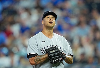 Sep 30, 2023; Kansas City, Missouri, USA; New York Yankees starting pitcher Frankie Montas (47) leaves the field during the sixth inning against the Kansas City Royals at Kauffman Stadium. Mandatory Credit: Jay Biggerstaff-USA TODAY Sports