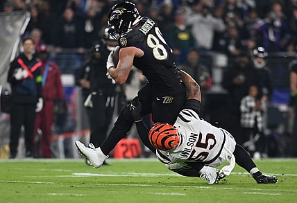 Nov 16, 2023; Baltimore, Maryland, USA; Baltimore Ravens tight end Mark Andrews (89) runs after a catch during the first quarter against Cincinnati Bengals linebacker Logan Wilson (55) at M&T Bank Stadium. Mandatory Credit: Tommy Gilligan-USA TODAY Sports