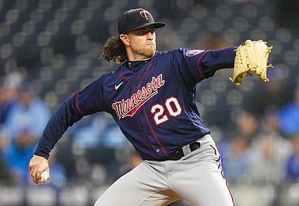 Apr 20, 2022; Kansas City, Missouri, USA; Minnesota Twins starting pitcher Chris Paddack (20) pitches against the Kansas City Royals during the first inning at Kauffman Stadium. Mandatory Credit: Jay Biggerstaff-USA TODAY Sports