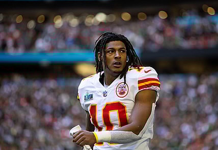 Feb 12, 2023; Glendale, Arizona, US; Kansas City Chiefs running back Isiah Pacheco (10) against the Philadelphia Eagles during Super Bowl LVII at State Farm Stadium. Mandatory Credit: Mark J. Rebilas-USA TODAY Sports