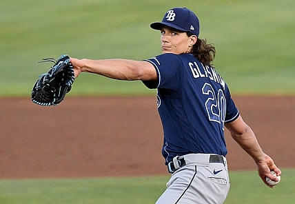 May 21, 2021; Dunedin, Florida, CAN; Tampa Bay Rays pitcher Tyler Glasnow (20) throws a pitch in the first inning against the Toronto Blue Jays at TD Ballpark. Mandatory Credit: Jonathan Dyer-USA TODAY Sports