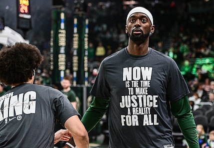 Jan 16, 2023; Milwaukee, Wisconsin, USA; Milwaukee Bucks forward Bobby Portis (9) warms up before the game against Indiana Pacers at Fiserv Forum. Mandatory Credit: Benny Sieu-USA TODAY Sports