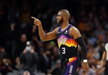 Feb 1, 2022; Phoenix, Arizona, USA; Phoenix Suns guard Chris Paul (3) reacts against the Brooklyn Nets at Footprint Center. Mandatory Credit: Mark J. Rebilas-USA TODAY Sports