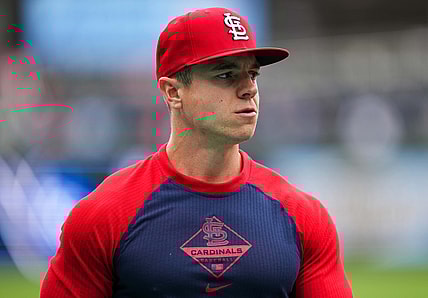 May 3, 2022; Kansas City, Missouri, USA; St. Louis Cardinals left fielder Tyler O'Neill (27)  before the game against the Kansas City Royals at Kauffman Stadium. Mandatory Credit: Jay Biggerstaff-USA TODAY Sports