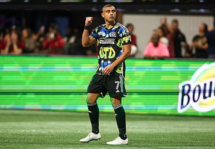 Nov 7, 2023; Atlanta, Georgia, USA; Atlanta United forward Giorgos Giakoumakis (7) celebrates after a goal in first half against Columbus Crew at Mercedes-Benz Stadium. Mandatory Credit: Brett Davis -USA TODAY Sports