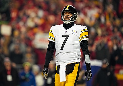 Jan 16, 2022; Kansas City, Missouri, USA; Pittsburgh Steelers quarterback Ben Roethlisberger (7) reacts during the first half in an AFC Wild Card playoff football game against the Kansas City Chiefs at GEHA Field at Arrowhead Stadium. Mandatory Credit: Jay Biggerstaff-USA TODAY Sports